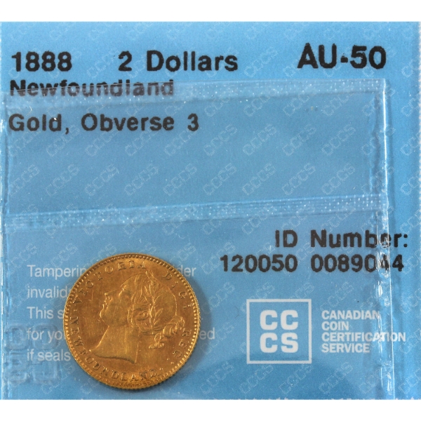Newfoundland Gold $2 1888 Obv 3 CCCS AU50