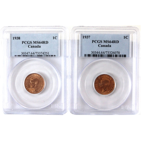 1-cent 1937 & 1938 PCGS MS64 Red. 2pcs.