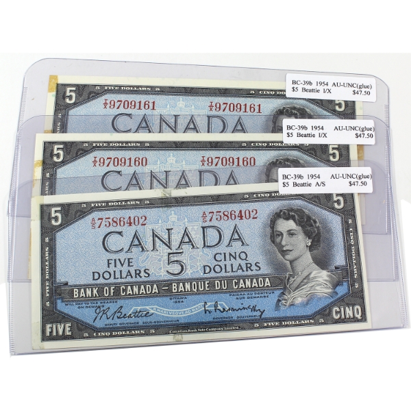 Group Lot of BC-39b 1954 $5 AU-UNC Beattie-Rasminsky. 3pcs