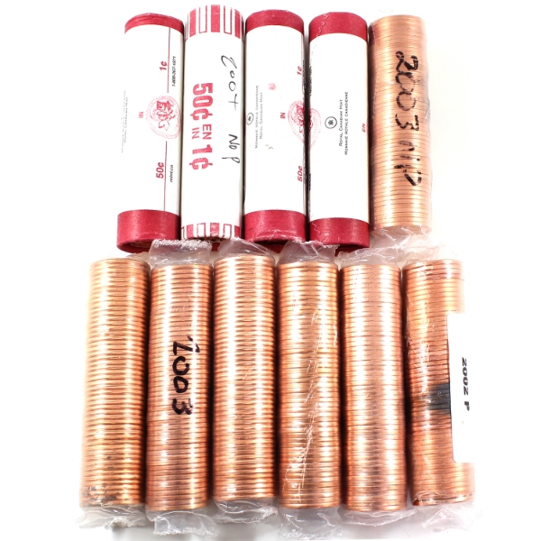 2002-2012 1-cent Rolls of 50pcs. 11 Rolls.