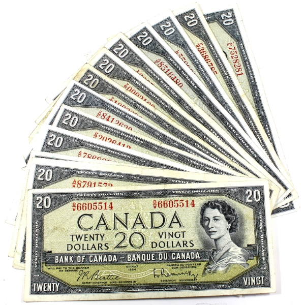 Bulk Lot of 1954 $20 Banknotes in Average Condition. 14pcs.