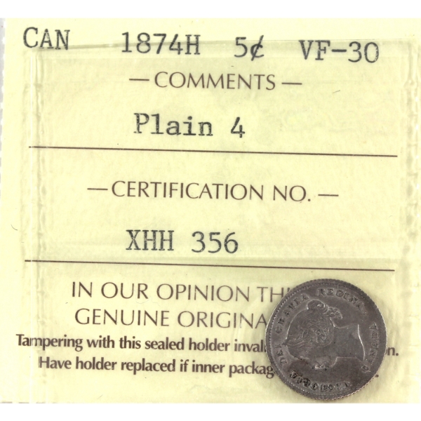 5-cent 1874H Plain 4 ICCS VF30