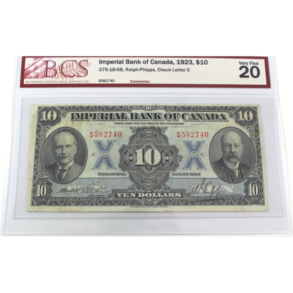 375-18-08 1923 $10 Imperial Bank of Canada BCS VF20 Phipps-Rolph SN:S582740 Check Letter C
