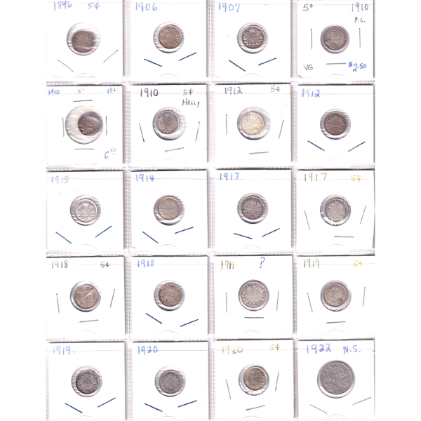 Bulk Collection of 5-cent 1896-1922 in 20-Pocket Sheets. 40pcs.
