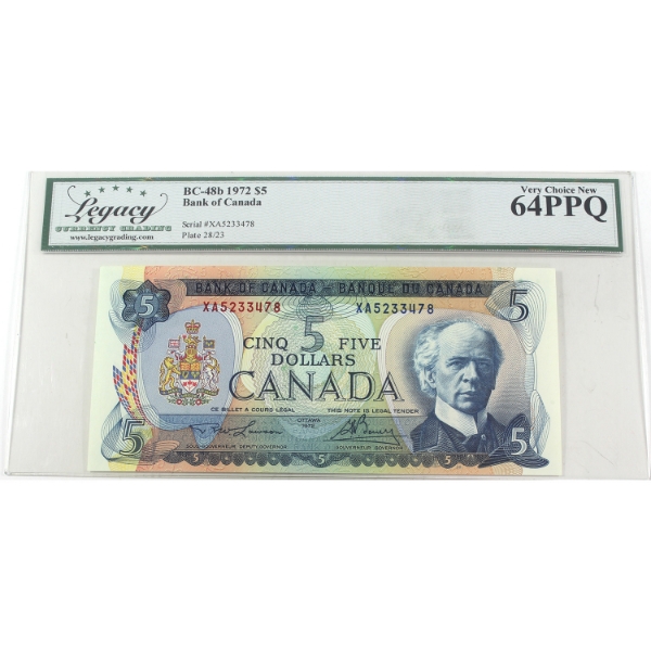BC-48b 1972 $5 Legacy CUNC64 PPQ Lawson-Bouey SN: XA5233478