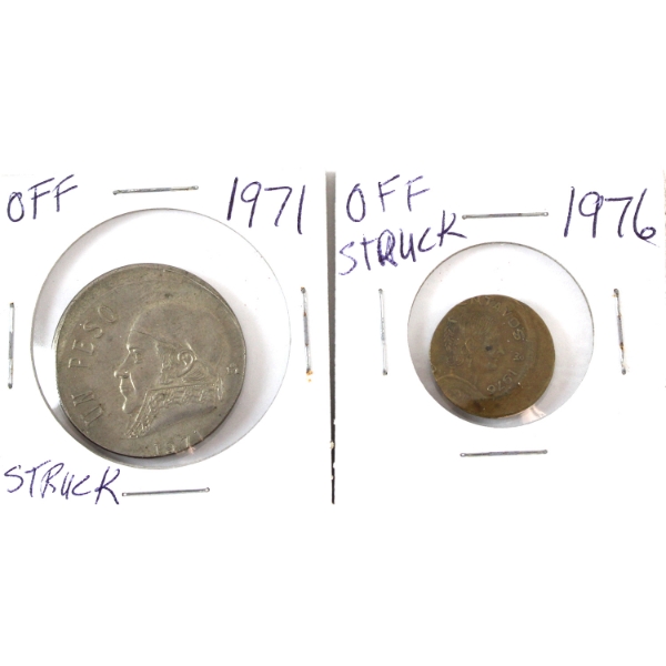 Error: Mexico 1971 UN Peso & 1976 OM Peso Off Struck Coins. 2pcs. 