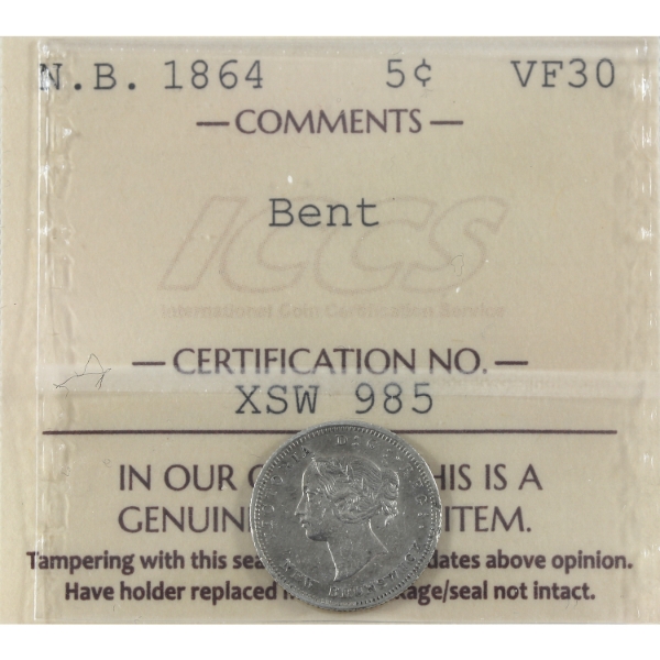 New Brunswick 5-cent 1864 Large 6 ICCS VF30 (Bent)