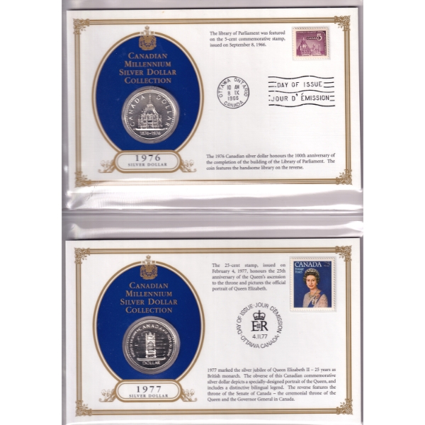 Silver $1 1976 & 1977 Canadian Millennium Silver Dollar Collection w/ Commemorative Stamps