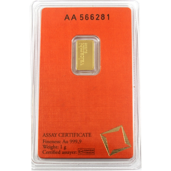 1g Valcambi Suisse .9999 Fine Gold Bar (Tax Exempt)