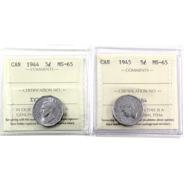 5-cent 1944 & 1945 ICCS MS65. 2pcs.