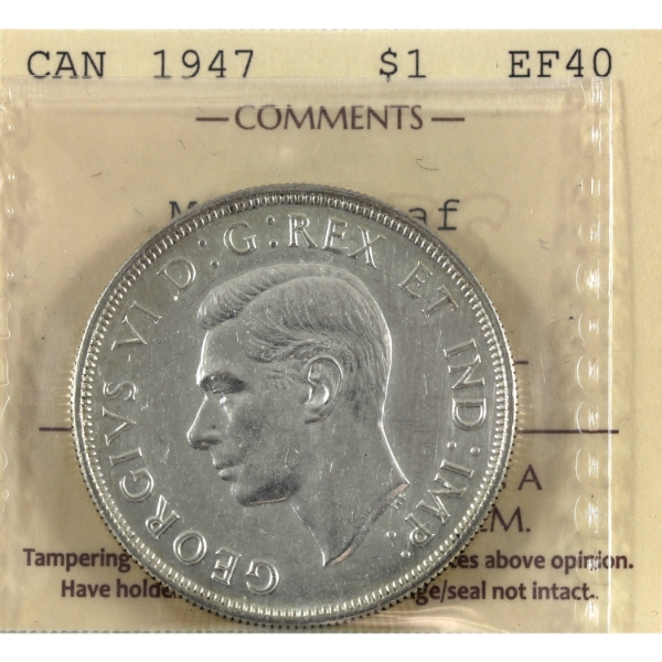Silver $1 1947 Maple Leaf ICCS EF40