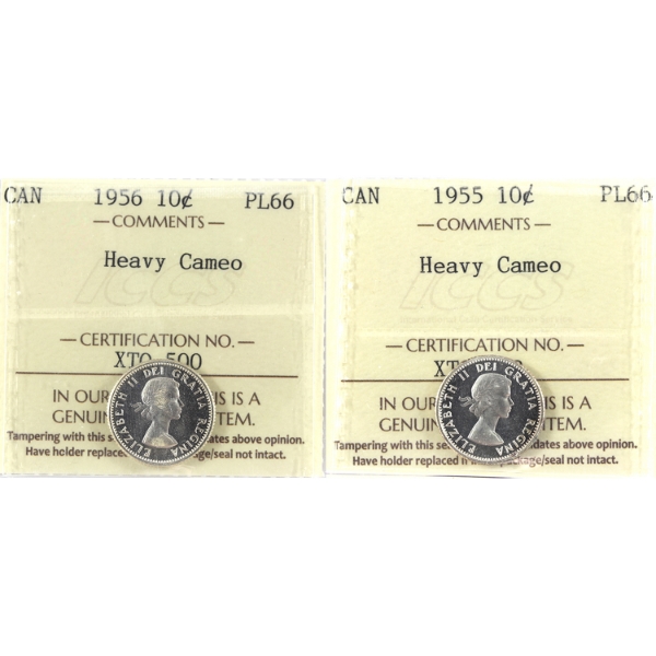 10-cent 1955 & 1956 ICCS PL66 Heavy Cameo. 2pcs. 
