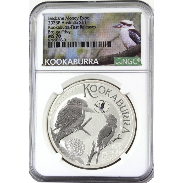Australia Silver 2023P $1 Kookaburra Brisbane Money Expo First Releases w/ Brolga Privy NGC MS70