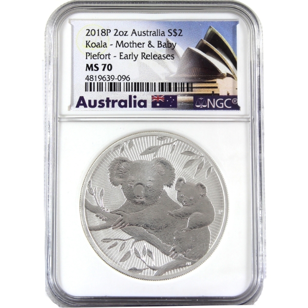 Australia 2018P $2 Koala- Mother & Baby 2oz .9999 Fine Silver Piefort NGC MS70 Early Releases 