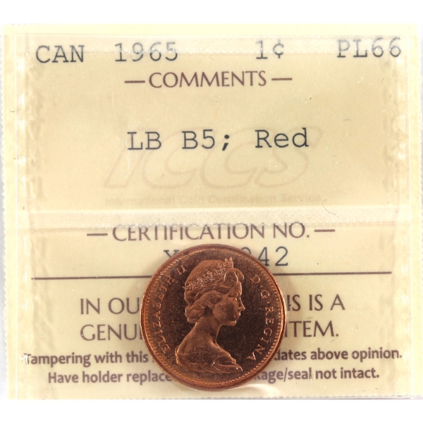 1-cent 1965 LB B5 Type 3 ICCS Red PL66 *Scarce*