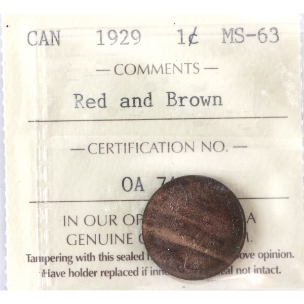 1-cent 1929 ICCS MS63 Red & Brown
