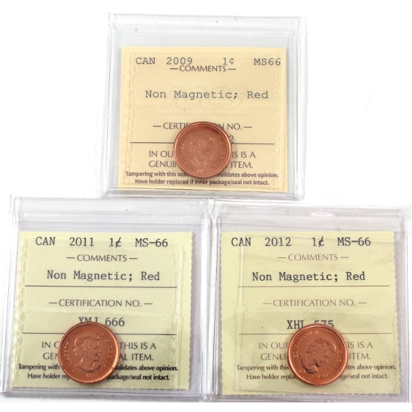 1-cent 2009-2012 Non-Magnetic ICCS MS66 Red. 3pcs.