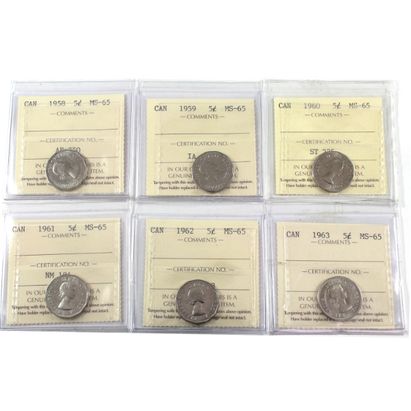 5-cent 1958-1963 ICCS MS65. 6pcs.