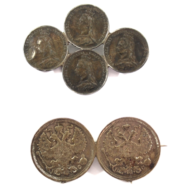 Pair of Russian and Great Britain Coin Brooches. 2pcs