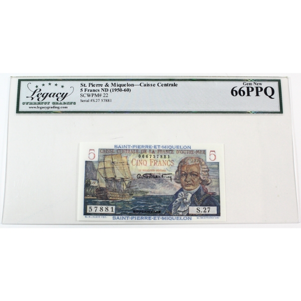 St. Pierre & Miquelon 1950-60 Pick-#22 Caisse Centrale 5 Francs Legacy GEM UNC66 PPQ SN: S.27 57881