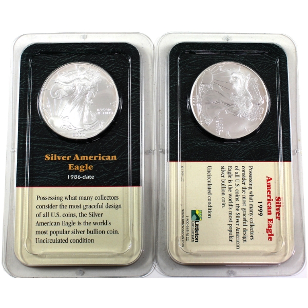 USA Silver 1999 & 2000 Silver Eagles 1oz .9993 Fine Coins. 2pcs. (Tax Exempt)