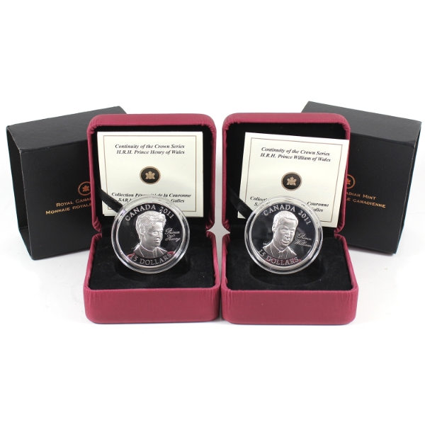 2011 $15 Prince Henry of Wales & Prince William of Wales UHR Sterling Silver Coins. 2pcs
