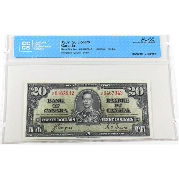 BC-25c 1937 $20 CCCS AU55 Coyne-Towers SN: J/E6467942