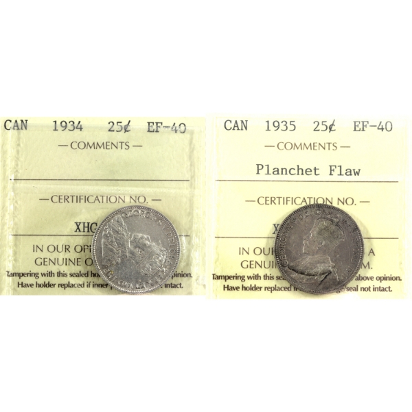 25-cent 1934 & 1935 Planchet Flaw ICCS EF40. 2pcs.
