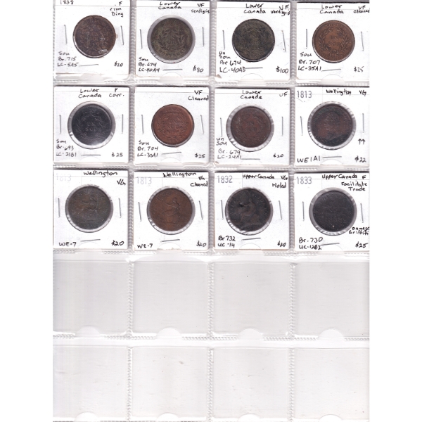Bulk Lot of 1813-1838 Lower Canada, Upper Canada, & Wellington Tokens VG to VF in 20-Pocket Sheet