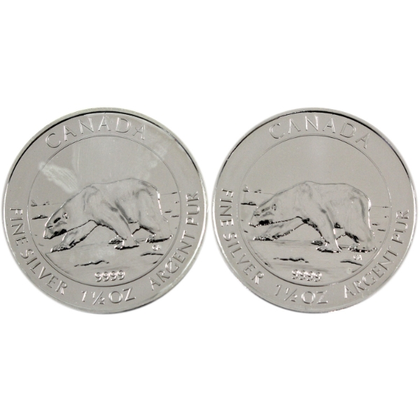 2013 $8 Polar Bear 1.5oz .9999 Fine Silver Coin. 2pcs. (Tax Exempt)