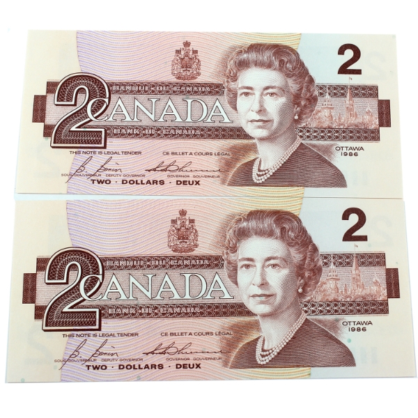 BC-55cA-i 1986 $2 Consecutive CUNC Bonin-Thiessen SN: EBX3934550-"51. 2pcs.