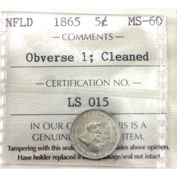 Newfoundland 5-cent 1865 Obverse 1 ICCS MS60