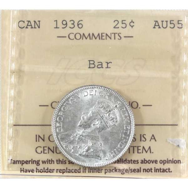 25-cent 1936 Bar ICCS AU55