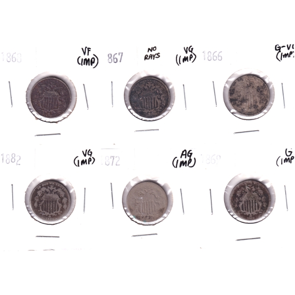 Bulk Lot of USA 1866-1882 5-cents AG to VF (Impaired). 6pcs.