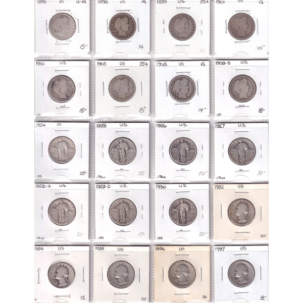 Bulk Lot of USA 1895-1958 Quarters in 2x 20-Pocket Sheets. 37pcs.