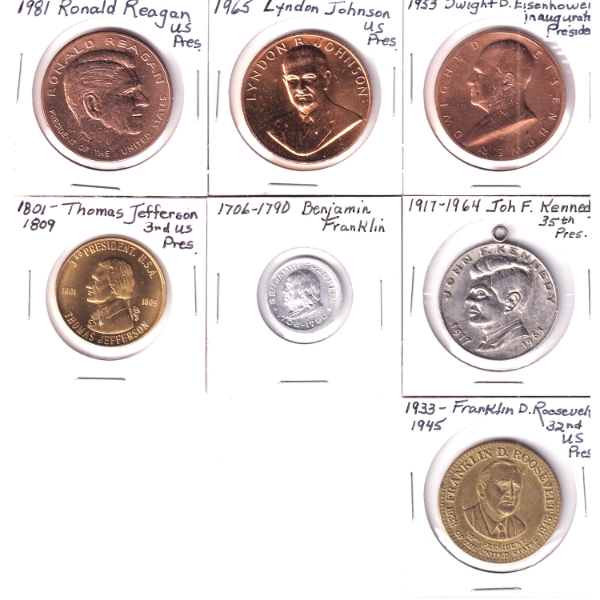 Group Lot of Commemorative Presidential Tokens w/ Benjamin Franklin Silver Token. 7pcs