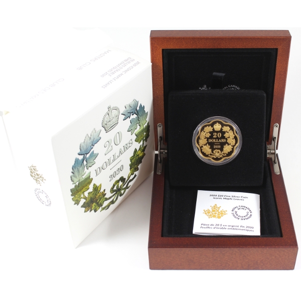 2020 $20 Iconic Maple Leaves .9999 Fine Silver Gold Plated Coin (Tax Exempt)