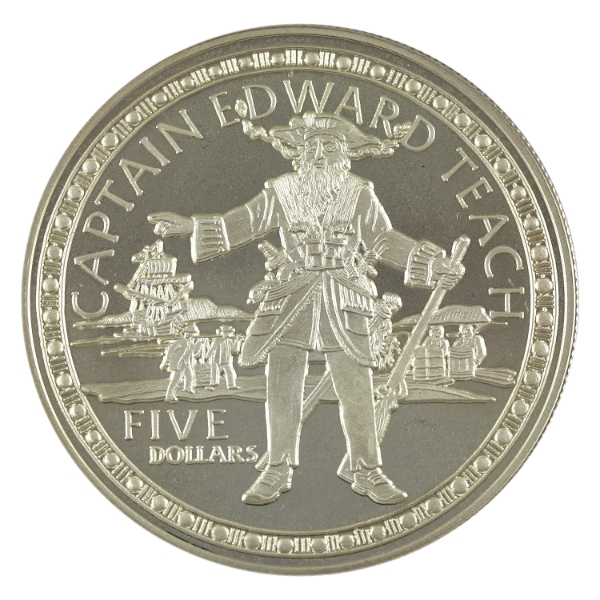 Bahamas 1993 $5 Captain Edward Teach Medallion 23.33g-Sterling Silver, 38.5mm