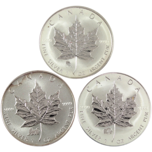 3x 1oz 1998-2008 $5 SML .9999 Fine Silver Coins w/ Zodiac Privy Marks. 3pcs. (Tax Exempt)