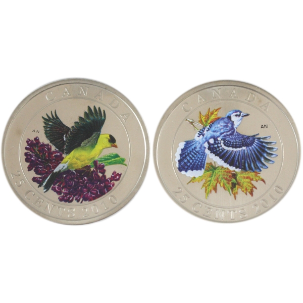 2x 25-cent 2010 Birds of Canada - Blue Jay & Goldfinch. 2pcs. 