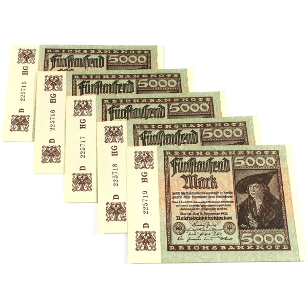 Germany 1922 Pick-81a 5000 Mark Consecutive UNC SN: D225715HG-"19HG. 5pcs.