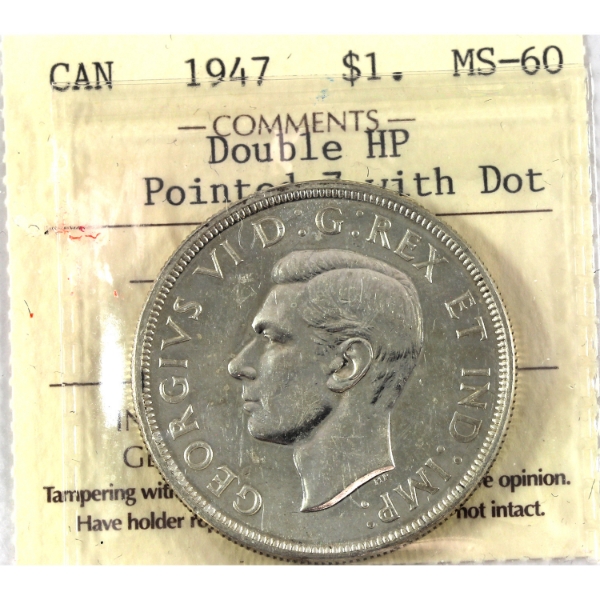 Silver $1 1947 Dot, Dbl HP; Pointed 7 ICCS MS60