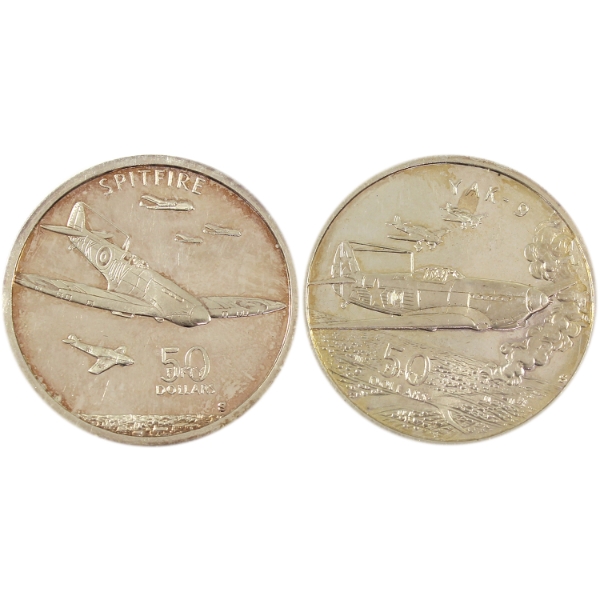 2x 1oz Marshall Islands 1991 $50 Spitfire & YAK-9 .999 Fine Vintage Silver Rounds. 2pcs (Tax Exempt)