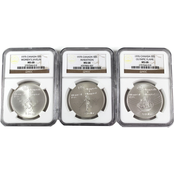 1975-1976 $5 Olympics Themed Sterling Silver Coins NGC MS68. 3pcs.