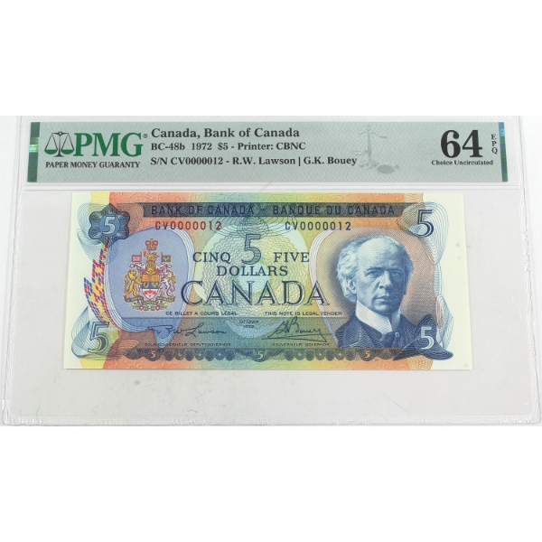 BC-48b 1972 $5 Low Serial # CV0000012 PMG CUNC64 EPQ Lawson-Bouey
