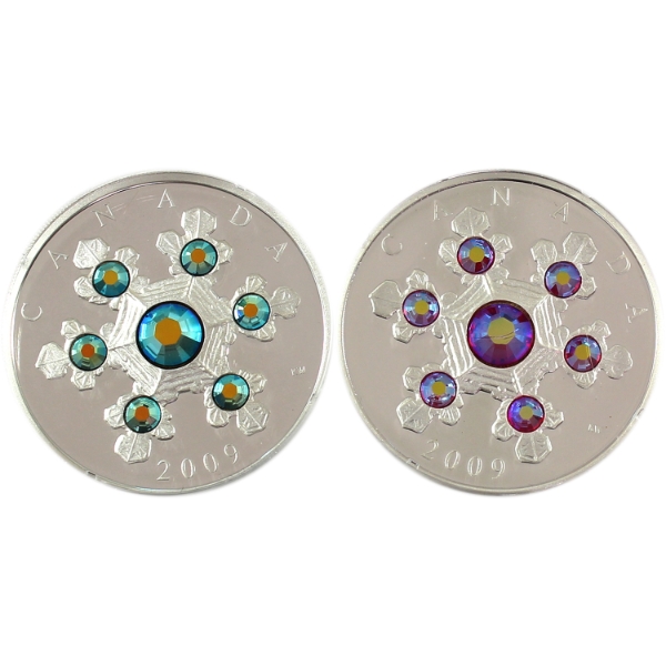 2009 $20 Blue & Pink Crystal Snowflake 1oz .9999 Fine Silver Coins. 2pcs.