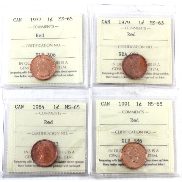 1-cent 1977, 1979, 1984 & 1991 ICCS MS65 Red. 4pcs.
