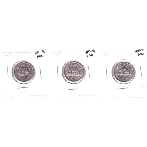 Group Lot of 5-cent 1938-1941 in 4-Pocket Sheet EF-AU to UNC+. 3pcs.