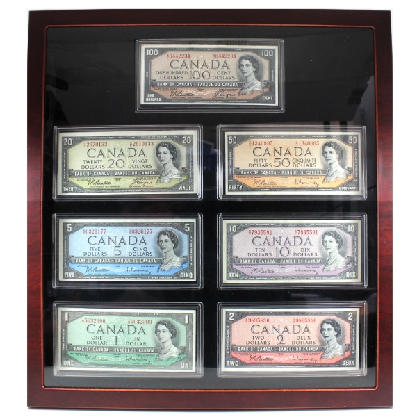 1954 Canada Notes $1 to $100 with Display Case, high grade notes! 7 Notes