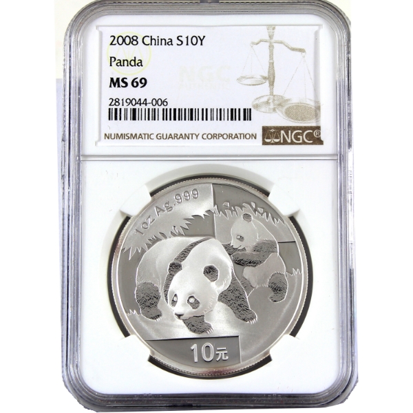 China Silver 2008 10 Yuan Panda NGC MS69 1oz .999 Fine Silver Coin (Tax Exempt)
